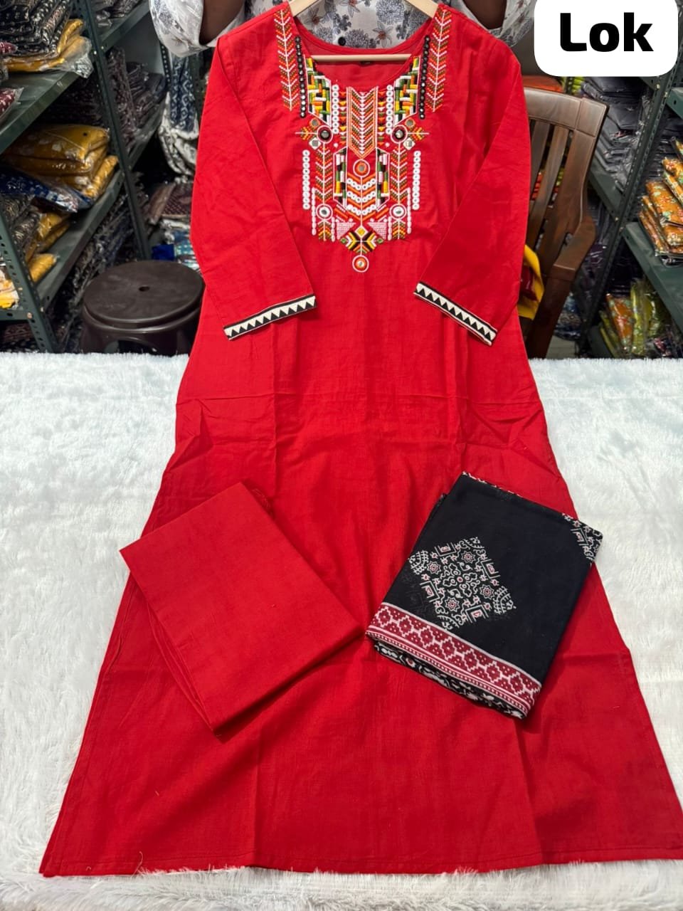 Red Heavy Cotton Embroidered Kurti Pant Dupatta Set